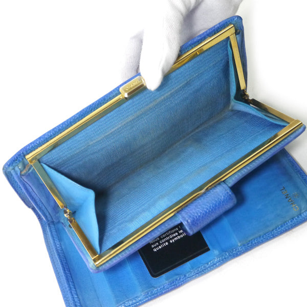 OLD CHANEL　ビコローレステッチがま口長財布（青/キャビアスキン）