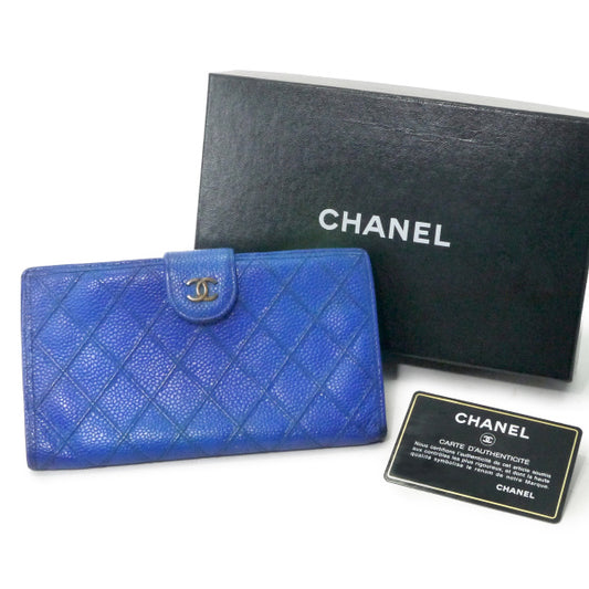 OLD CHANEL　ビコローレステッチがま口長財布（青/キャビアスキン）