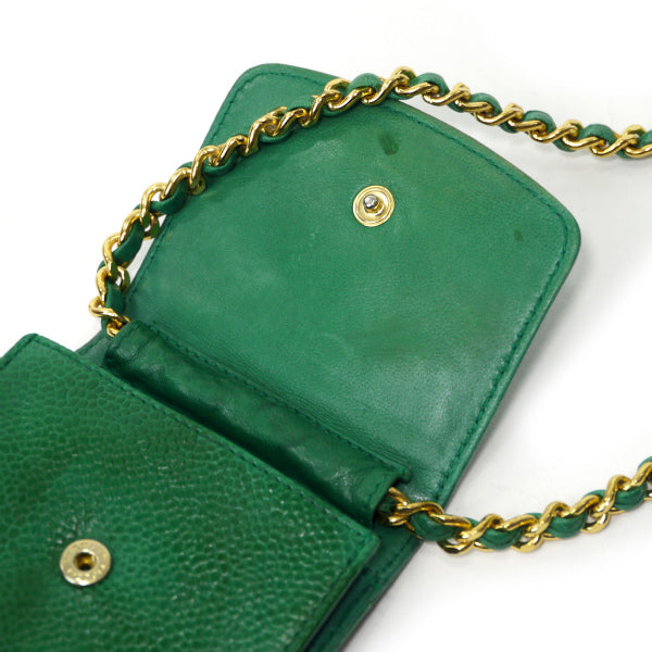 OLD CHANEL　ココマークステッチ マルチケース（緑/キャビアスキン）