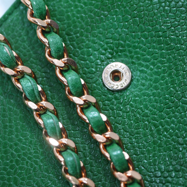 OLD CHANEL　ココマークステッチ マルチケース（緑/キャビアスキン）