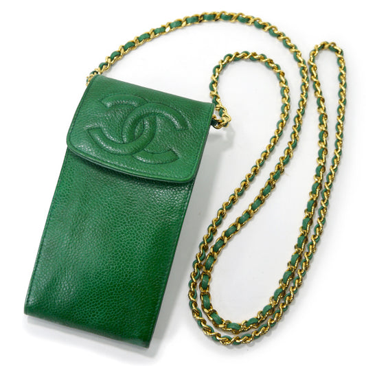 OLD CHANEL　ココマークステッチ マルチケース（緑/キャビアスキン）