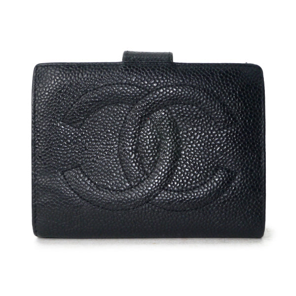 OLD CHANEL　ココステッチがま口折財布（黒/キャビアスキン）