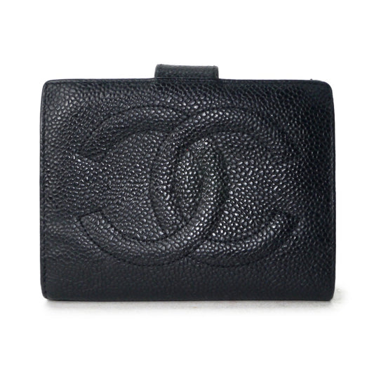 OLD CHANEL　ココステッチがま口折財布（黒/キャビアスキン）