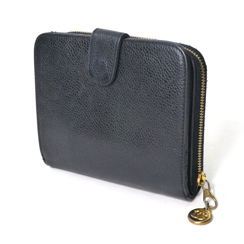 OLD CHANEL　ココステッチ ラウンドジップ折財布（黒/キャビアスキン）
