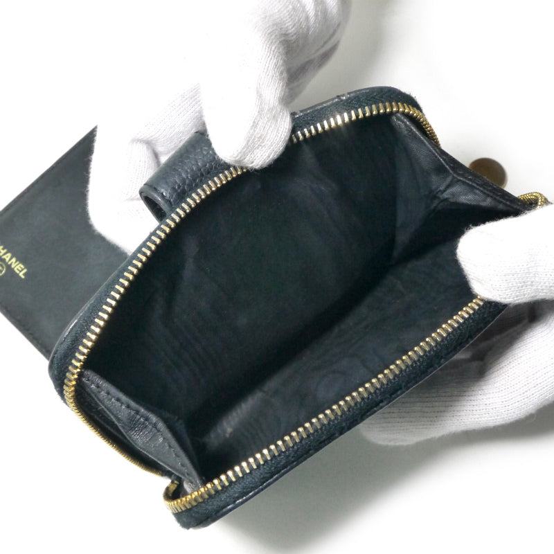 OLD CHANEL　ココステッチ ラウンドジップ折財布（黒/キャビアスキン）