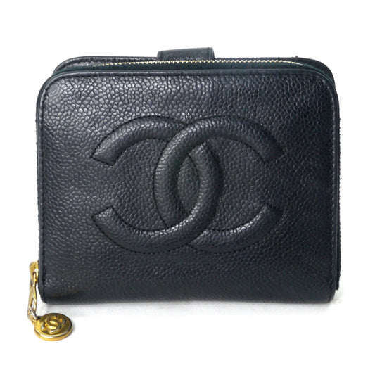 OLD CHANEL　ココステッチ ラウンドジップ折財布（黒/キャビアスキン）