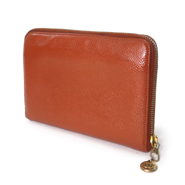 OLD CHANEL　ココステッチ ラウンドジップがま口長財布（オレンジ/キャビアスキン）