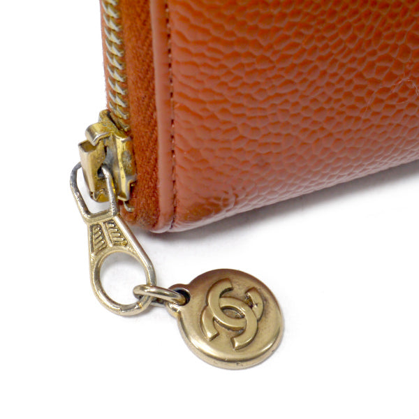 OLD CHANEL　ココステッチ ラウンドジップがま口長財布（オレンジ/キャビアスキン）