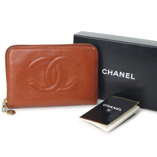 OLD CHANEL　ココステッチ ラウンドジップがま口長財布（オレンジ/キャビアスキン）