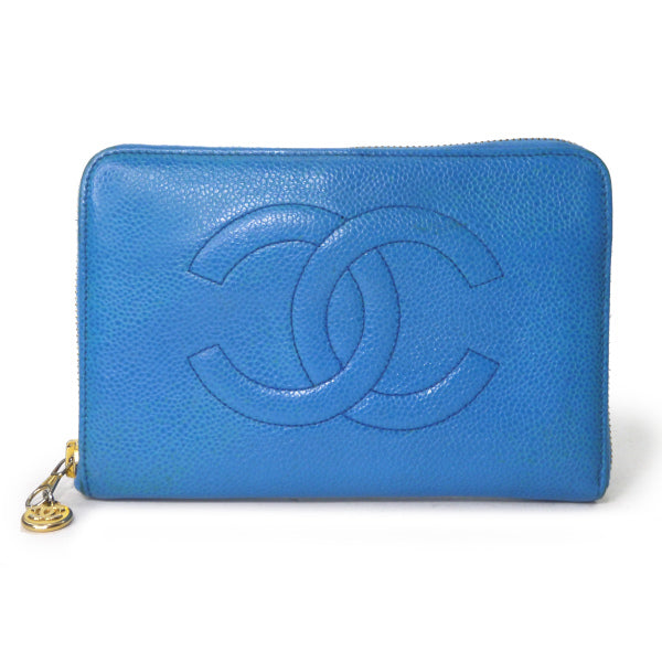 OLD CHANEL　ココステッチ ラウンドジップがま口長財布（青/キャビアスキン）