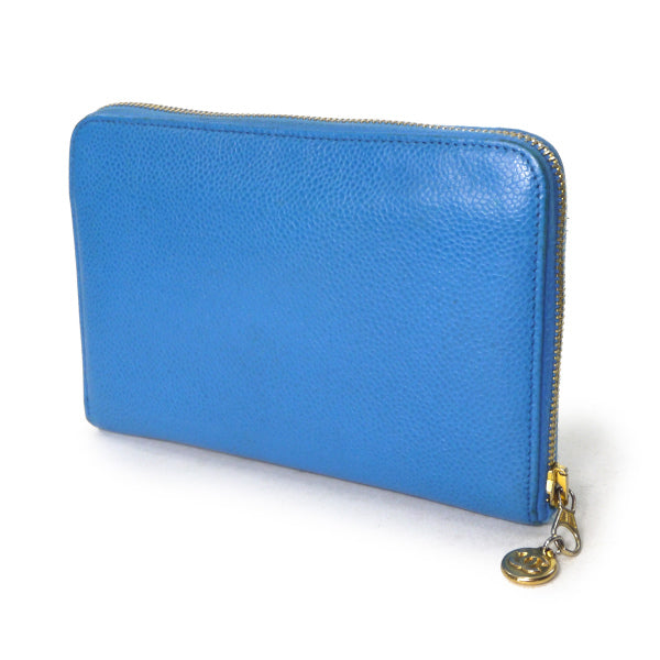 OLD CHANEL　ココステッチ ラウンドジップがま口長財布（青/キャビアスキン）