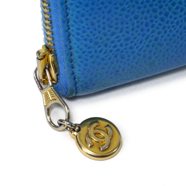 OLD CHANEL　ココステッチ ラウンドジップがま口長財布（青/キャビアスキン）