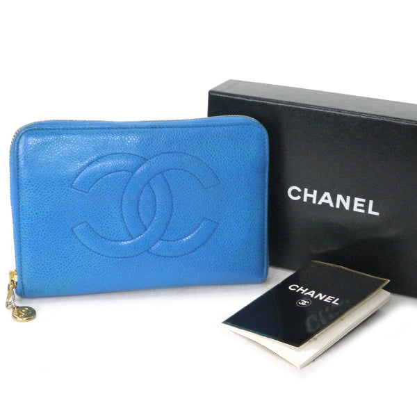 OLD CHANEL　ココステッチ ラウンドジップがま口長財布（青/キャビアスキン）