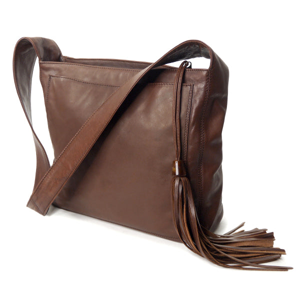 OLD CHANEL　フリンジ付ココマークステッチ総革ショルダー（茶）