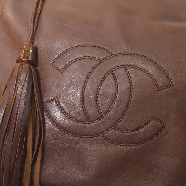OLD CHANEL　フリンジ付ココマークステッチ総革ショルダー（茶）