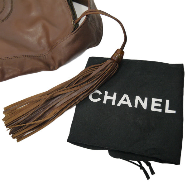 OLD CHANEL　フリンジ付ココマークステッチ総革ショルダー（茶）