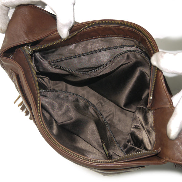 OLD CHANEL　フリンジ付ココマークステッチ総革ショルダー（茶）