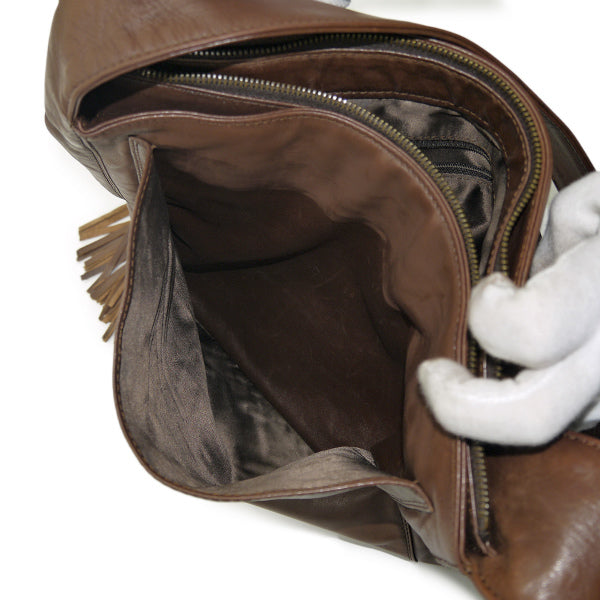 OLD CHANEL　フリンジ付ココマークステッチ総革ショルダー（茶）