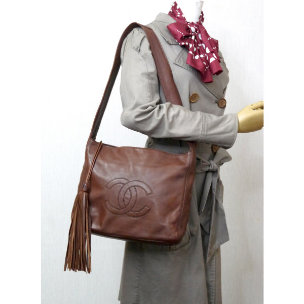 OLD CHANEL　フリンジ付ココマークステッチ総革ショルダー（茶）