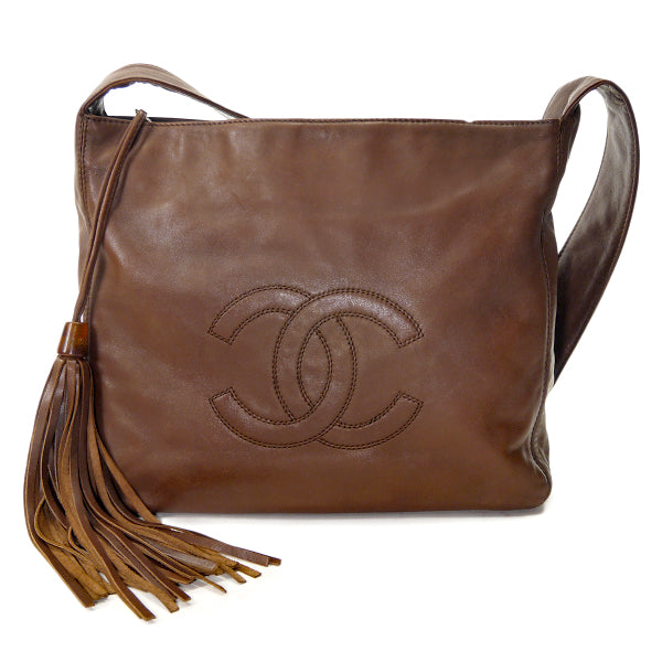 OLD CHANEL　フリンジ付ココマークステッチ総革ショルダー（茶）