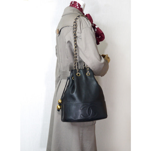 OLD CHANEL　ココマークステッチ巾着Wチェーンショルダー（黒）