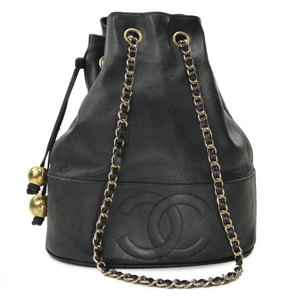 OLD CHANEL　ココマークステッチ巾着Wチェーンショルダー（黒）