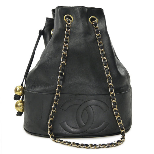 OLD CHANEL　ココマークステッチ巾着Wチェーンショルダー（黒）