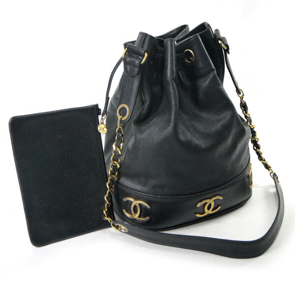 OLD CHANEL　キャビアスキン 6ココマーク巾着チェーンバッグ（黒）