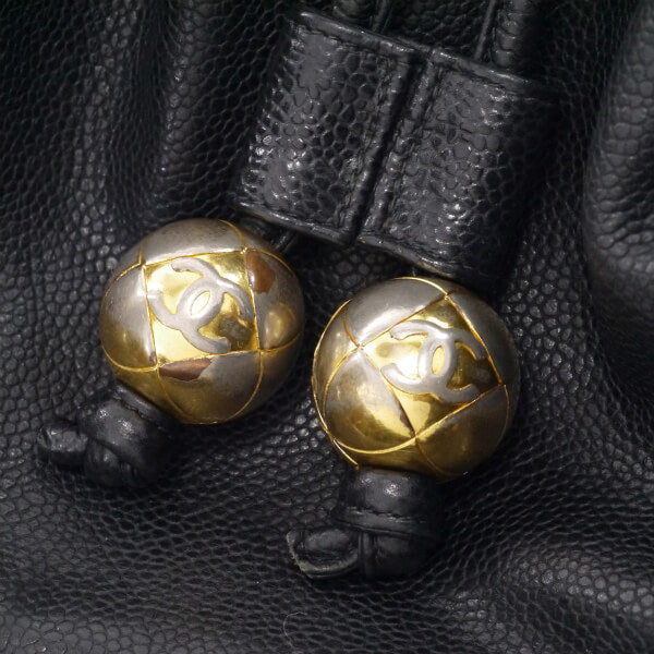 OLD CHANEL　キャビアスキン 6ココマーク巾着チェーンバッグ（黒）