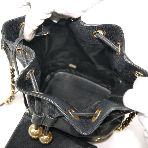OLD CHANEL　キャビアスキン 6ココマーク巾着チェーンバッグ（黒）