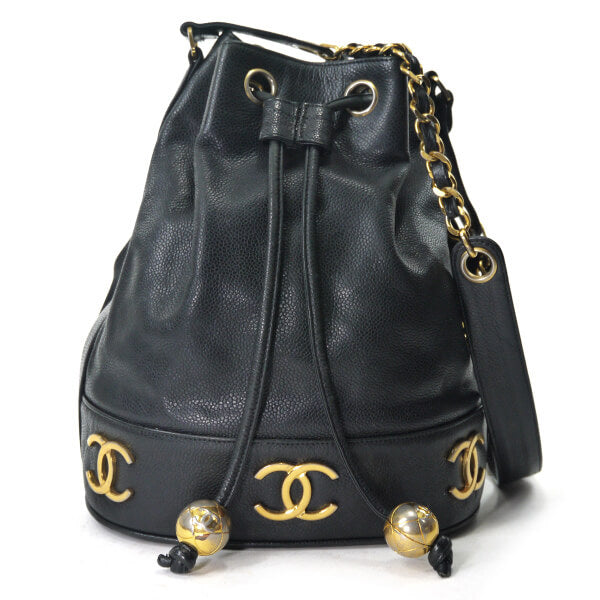 OLD CHANEL　キャビアスキン 6ココマーク巾着チェーンバッグ（黒）