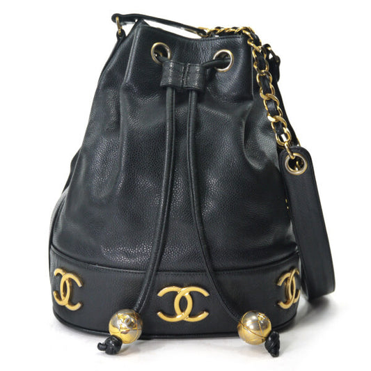 OLD CHANEL　キャビアスキン 6ココマーク巾着チェーンバッグ（黒）
