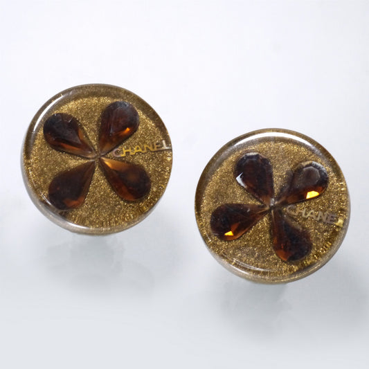 OLD CHANEL　クローバー ラメイヤリング（ゴールド/茶）