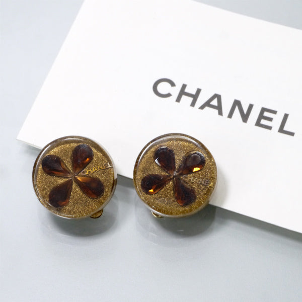OLD CHANEL　クローバー ラメイヤリング（ゴールド/茶）