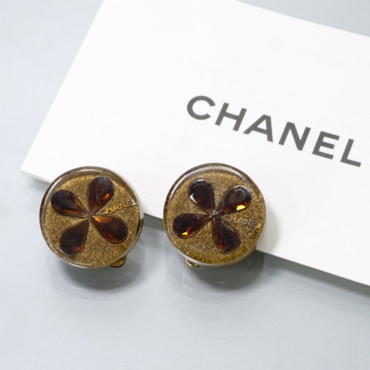 OLD CHANEL　クローバー ラメイヤリング（ゴールド/茶）