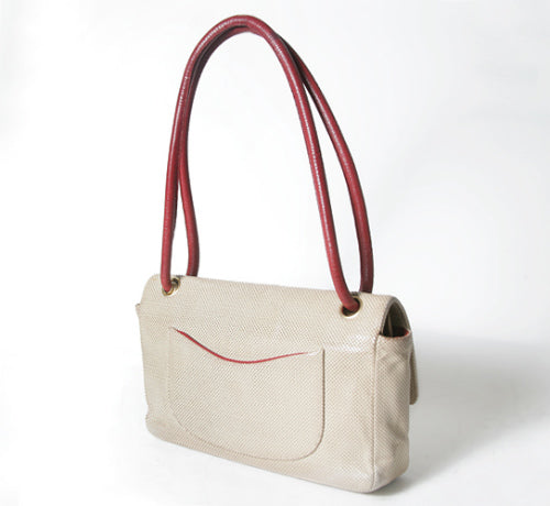 OLD CHANEL パイピングキルトショルダー（赤/ベージュコンビ）