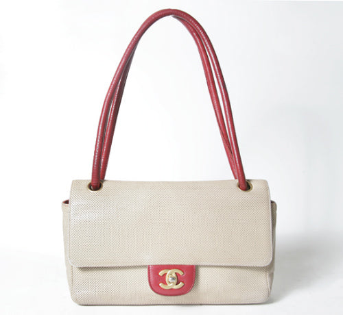 OLD CHANEL パイピングキルトショルダー（赤/ベージュコンビ）