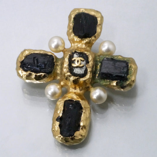 Vintage CHANELブラックストーン クロスブローチ