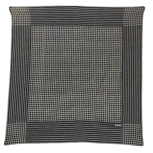 CHANEL　チェック×ストライプ大判スカーフ（紺×白）