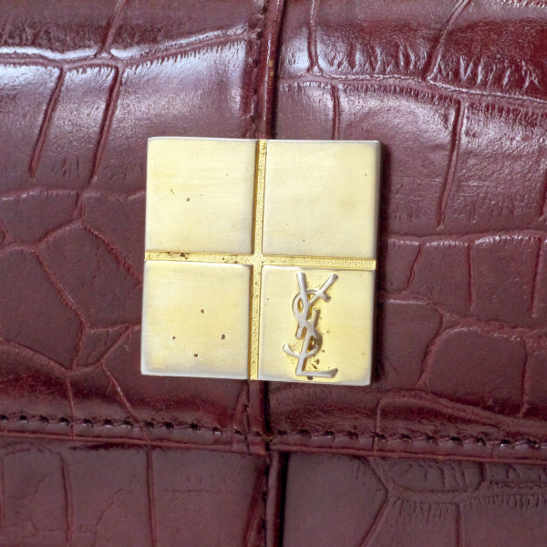 YVES SAINT LAURENT　クロコ型押しロゴ金具ハンドバッグ（ボルドー）