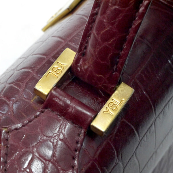 YVES SAINT LAURENT　クロコ型押しロゴ金具ハンドバッグ（ボルドー）