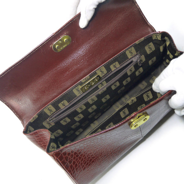 YVES SAINT LAURENT　クロコ型押しロゴ金具ハンドバッグ（ボルドー）