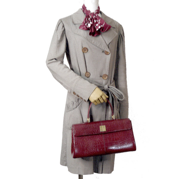 YVES SAINT LAURENT　クロコ型押しロゴ金具ハンドバッグ（ボルドー）