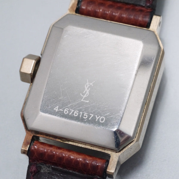 YVES SAINT LAURENT レザーロゴスクエアフェイスウォッチ（赤茶）