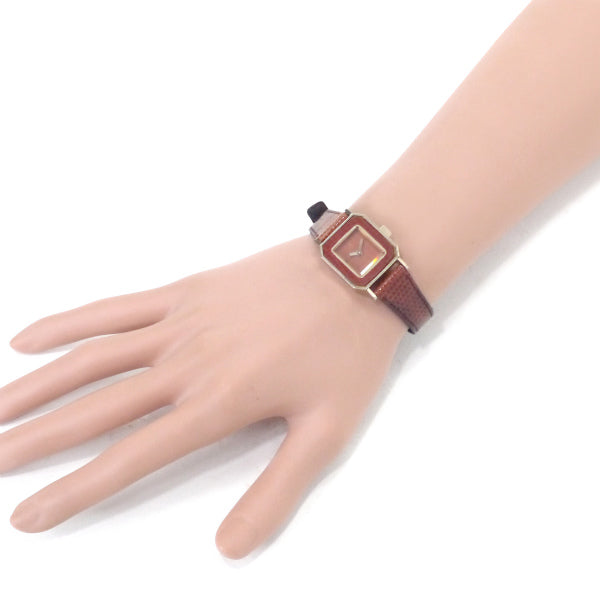 YVES SAINT LAURENT レザーロゴスクエアフェイスウォッチ（赤茶）