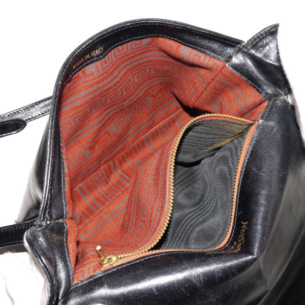 YVES SAINT LAURENT YSLロゴ×メアンダーチェック総革ショルダー（黒）