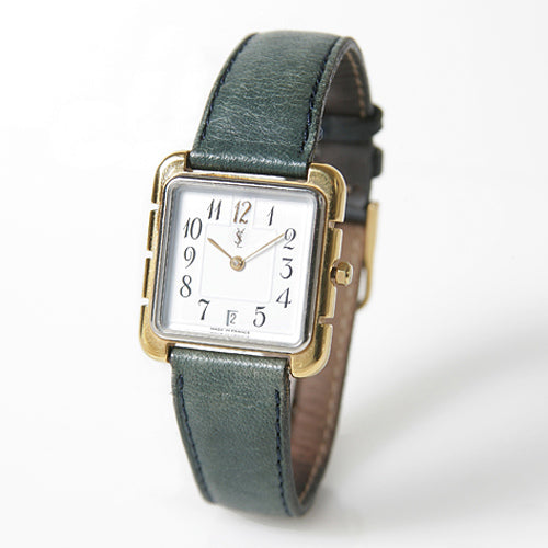 YVES SAINT LAURENT　日入りウオッチ（緑革バンド）