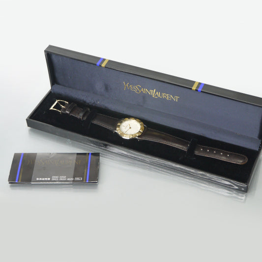 YVES SAINT LAURENT ラウンド革バンド腕時計（黒）