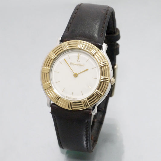 YVES SAINT LAURENT ラウンド革バンド腕時計（黒）