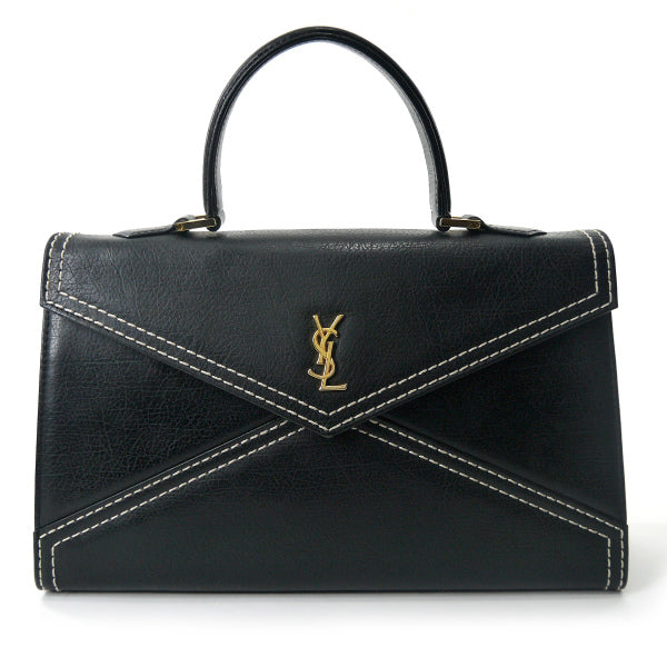 YVES SAINT LAURENT 総革カサンドラ ロゴ台形ハンドバッグ（黒）